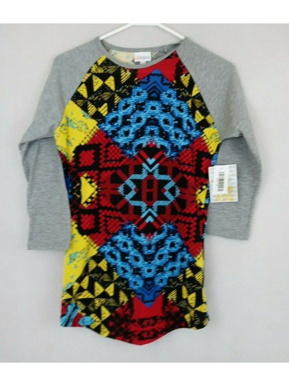 NWT LulaRoe Randy Shirt Multi-Color Geometric Design With Gray Sleeves Size XXS